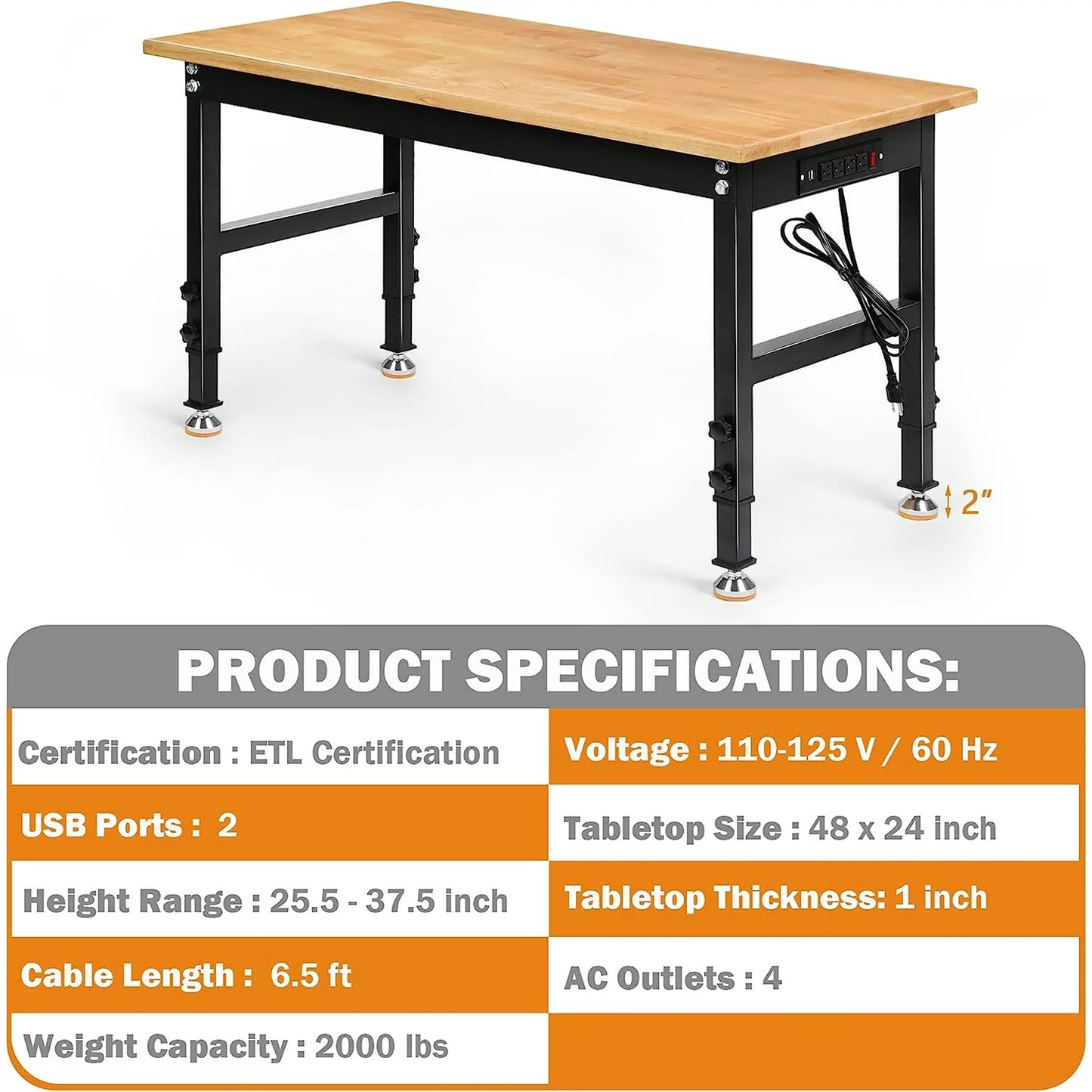 Tolead 48" Heavy-Duty Adjustable Workbench with Power Outlets, Rubber Wood Shop Table, Workstation