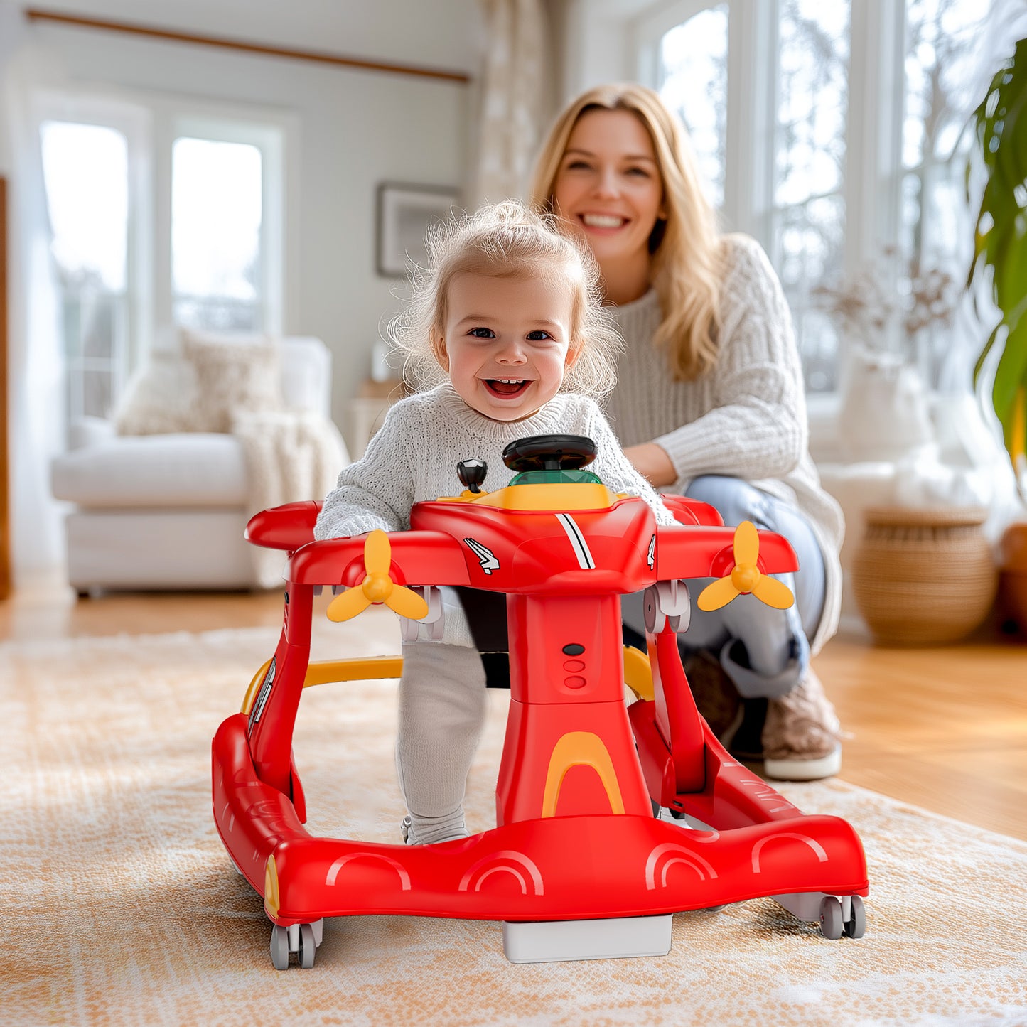 Tolead 4-in-1 Foldable Baby Walker, Activity Push Walker for 6-18 months, 24" x 29" x 22",Red