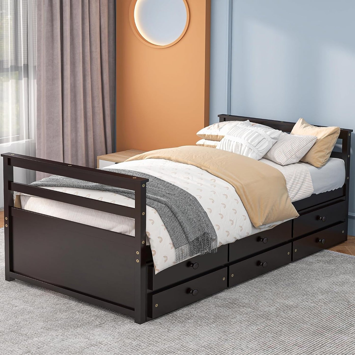 Tolead Wooden Twin Daybed with Trundle and Storage Drawers, Captains Bed Frame with Pull Out Bed, Brown