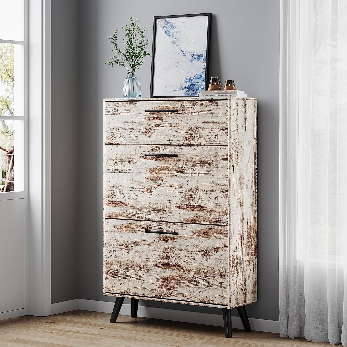 Tolead Wood Entryway Shoe Cabinet with Hidden Flip Drawers, Vintage White