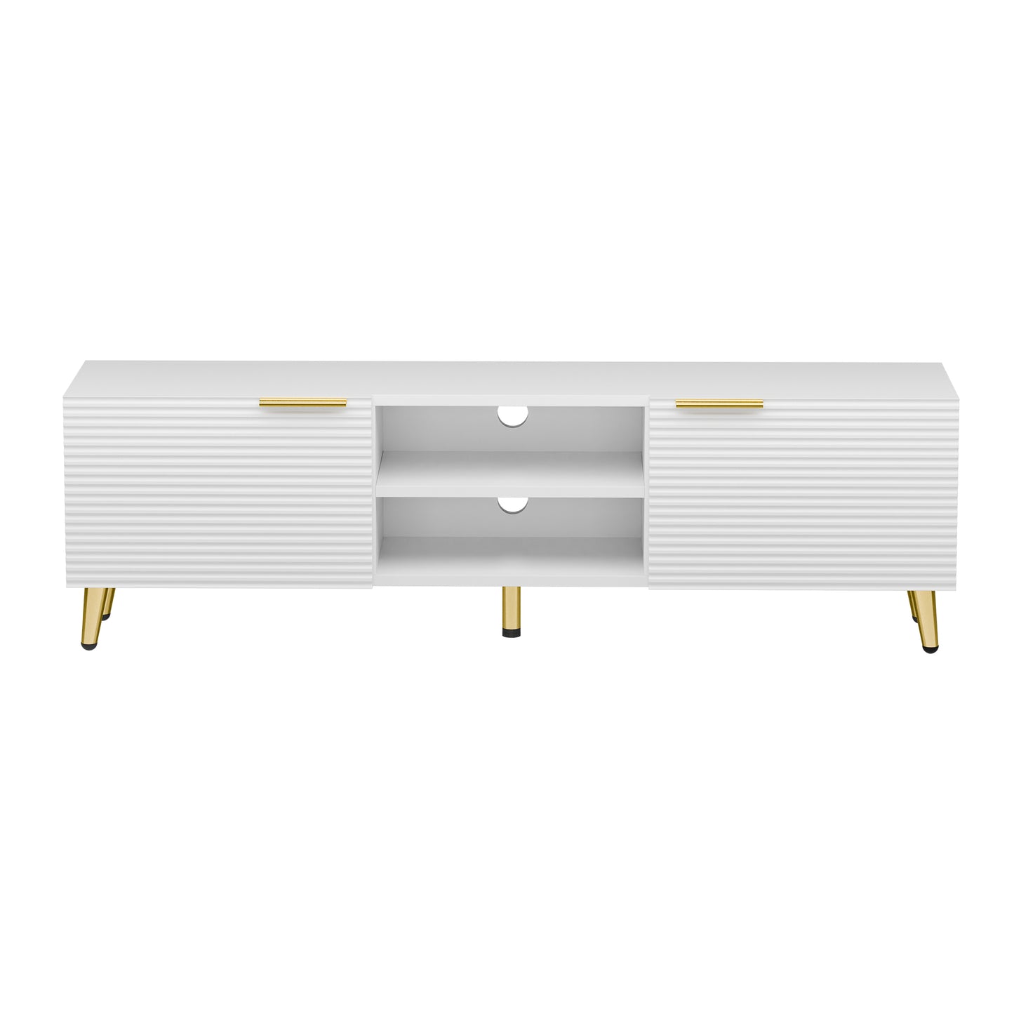 Tolead TV Console Table with Doors and Shelves, TV Stand, Waveform Panel with Gold Metal Legs, Living Room, White