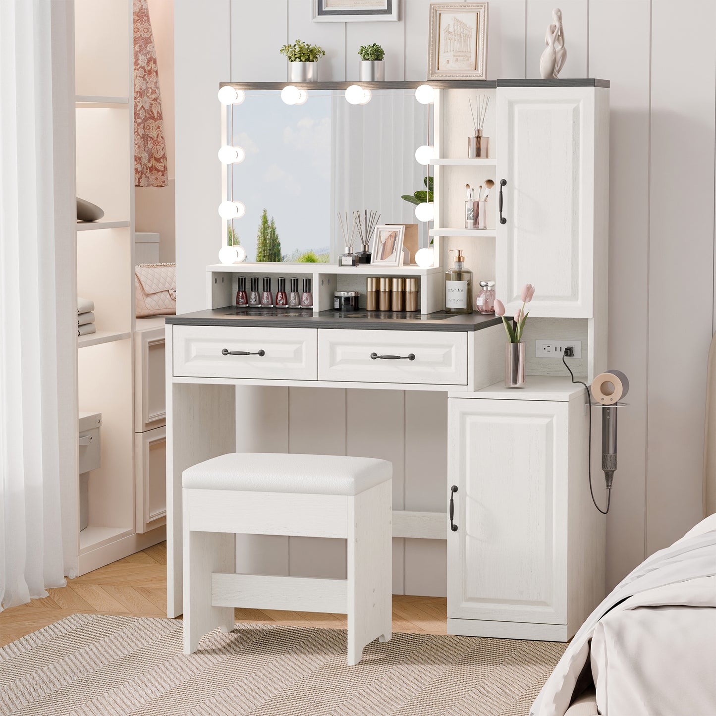 Tolead Contemporary 1 Piece Adult Vanity Table Set with LED Lights, White