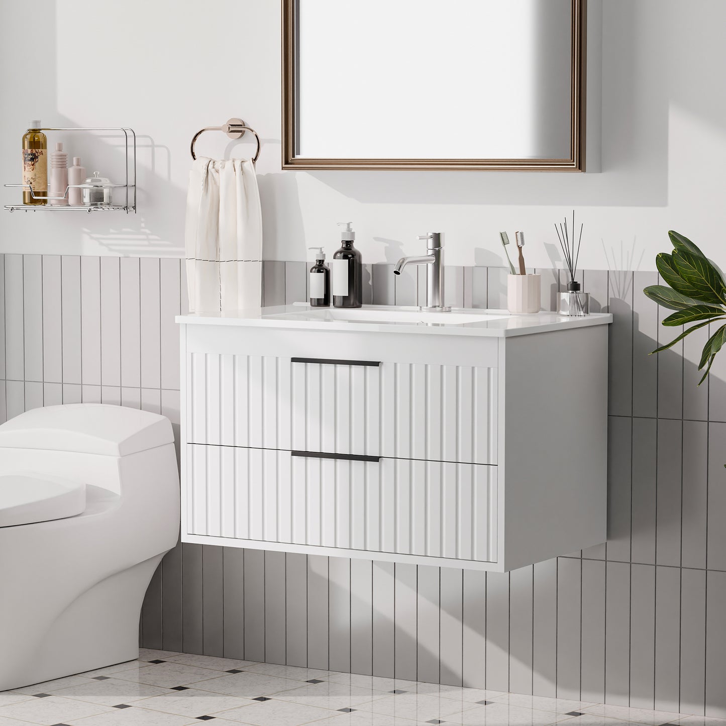 Tolead 30-Inch Floating Bathroom Vanity with Sink, White Ceramic Cabinet with 2 Drawers