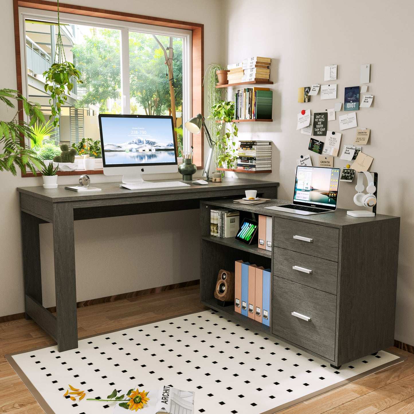 Tolead L-Shaped Desk with Drawers and 2 Shelf, 55 Inch