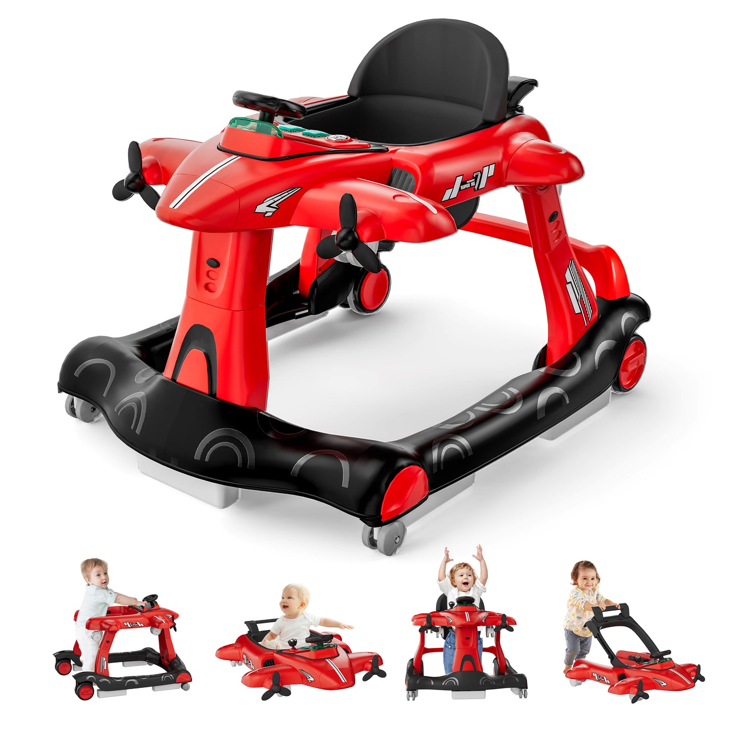 Tolead 4-in-1 Foldable Baby Walker, Activity Push Walker for 6-18 months, 24" x 29" x 22",Red
