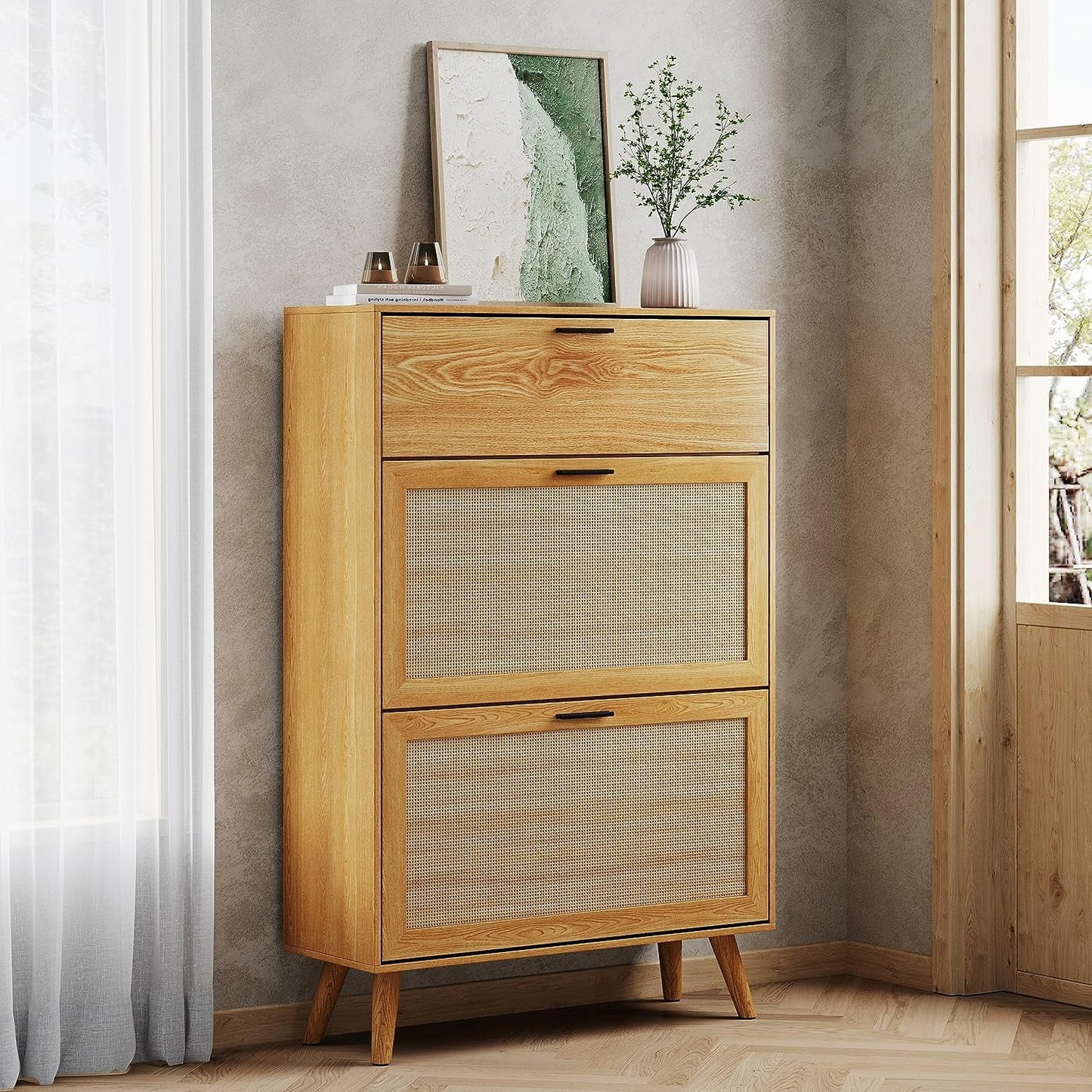 Tolead Nature Rattan Shoe Cabinet for 20 Pairs with Drawers and Shelves