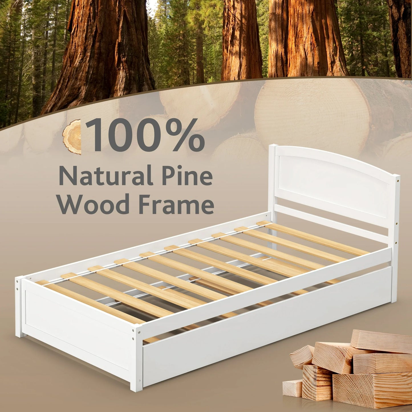 Tolead Twin Daybed with Trundle, Wood Sofa Bed Frame for Kids & Teens, Rustic, Sturdy, White
