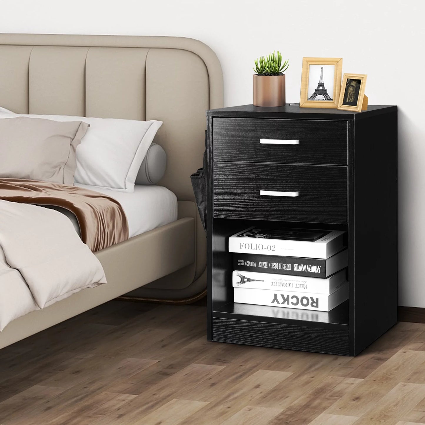 Tolead Black Wood Nightstand with Charging Station, 2 Storage Drawer & Open Shelf, Bedroom, Office, Adult