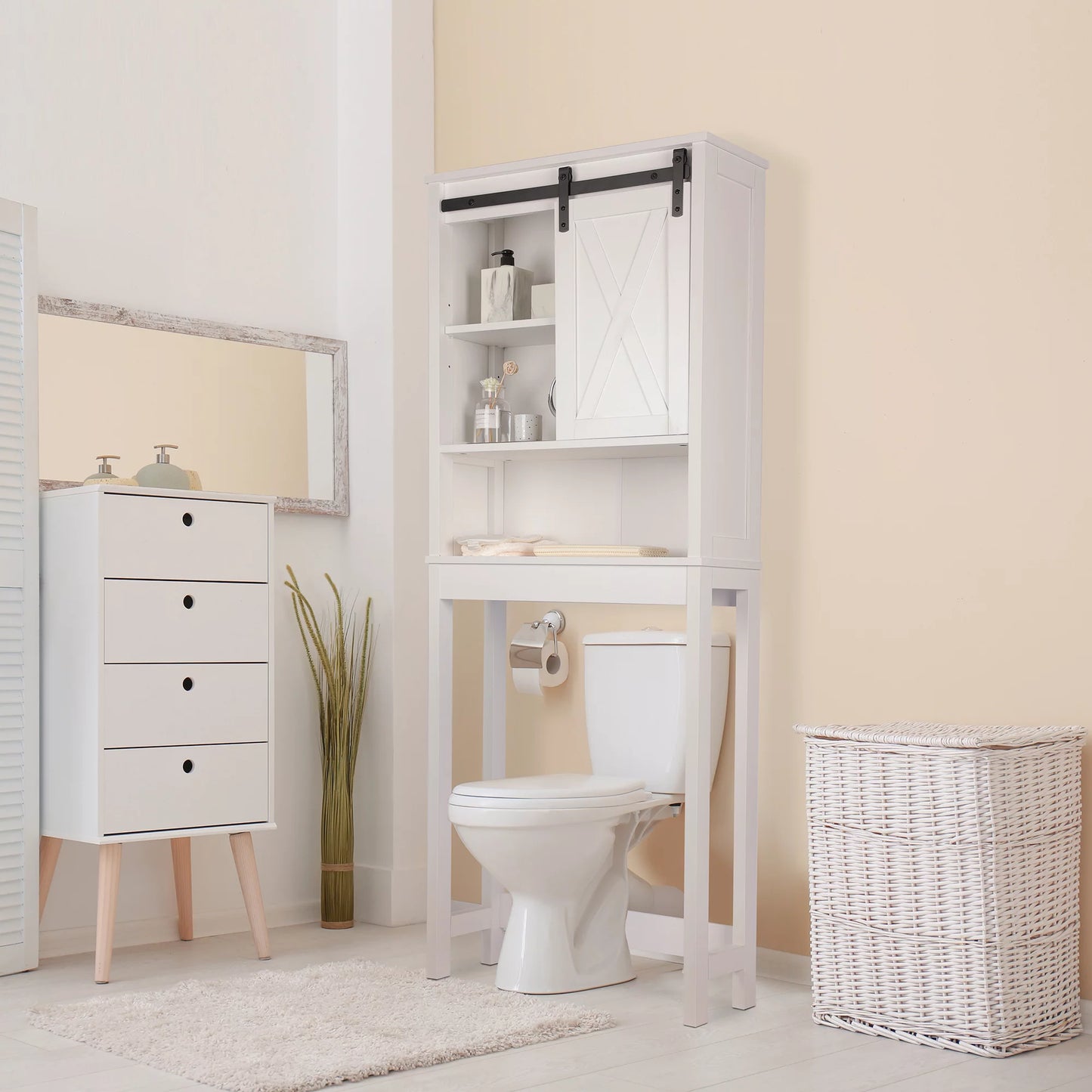 Tolead Wooden Bathroom Storage Over The Toilet with Adjustable Shelves and Sliding Doors, Towels, Wood, White