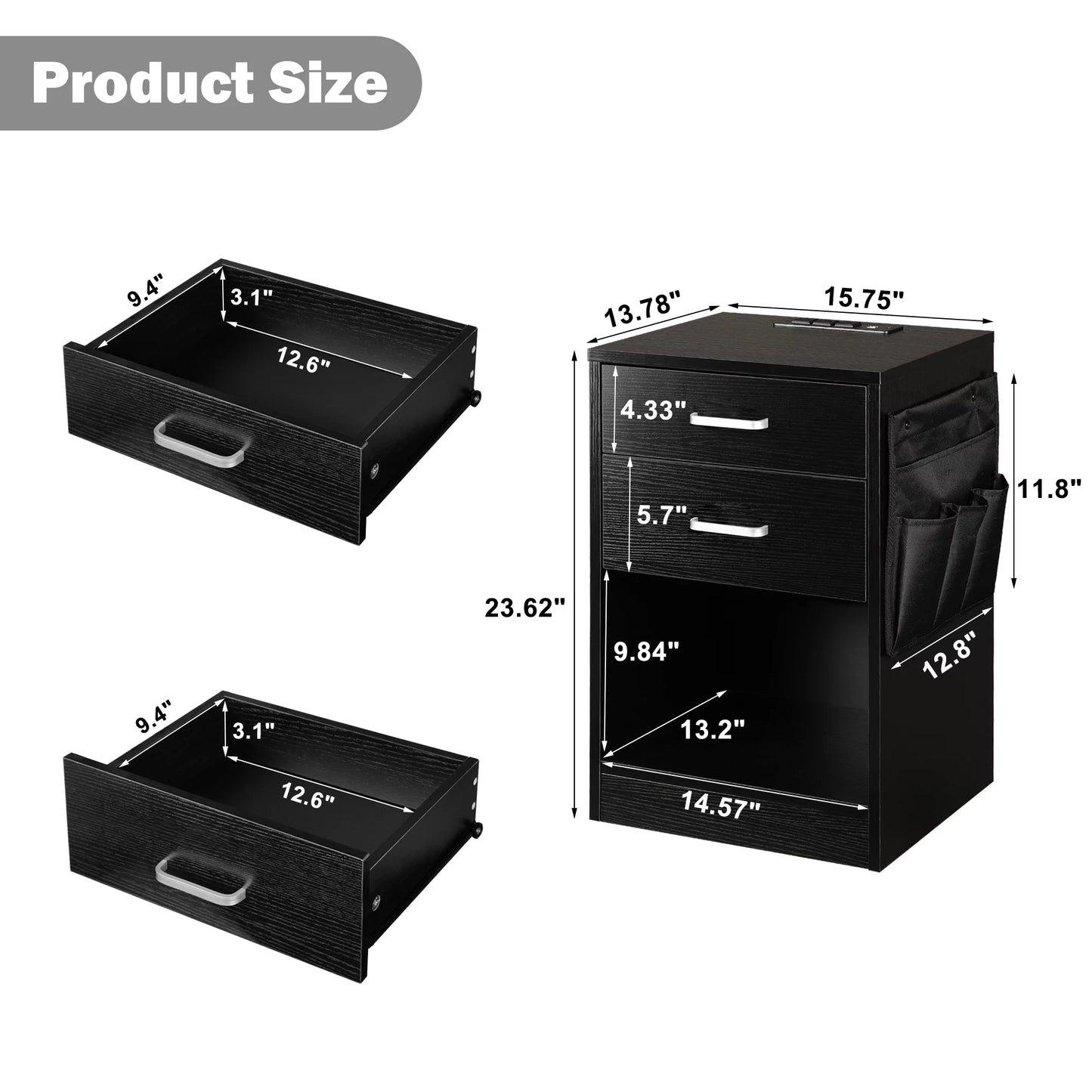 Tolead Black Wood Nightstand with Charging Station, 2 Storage Drawer & Open Shelf, Bedroom, Office, Adult