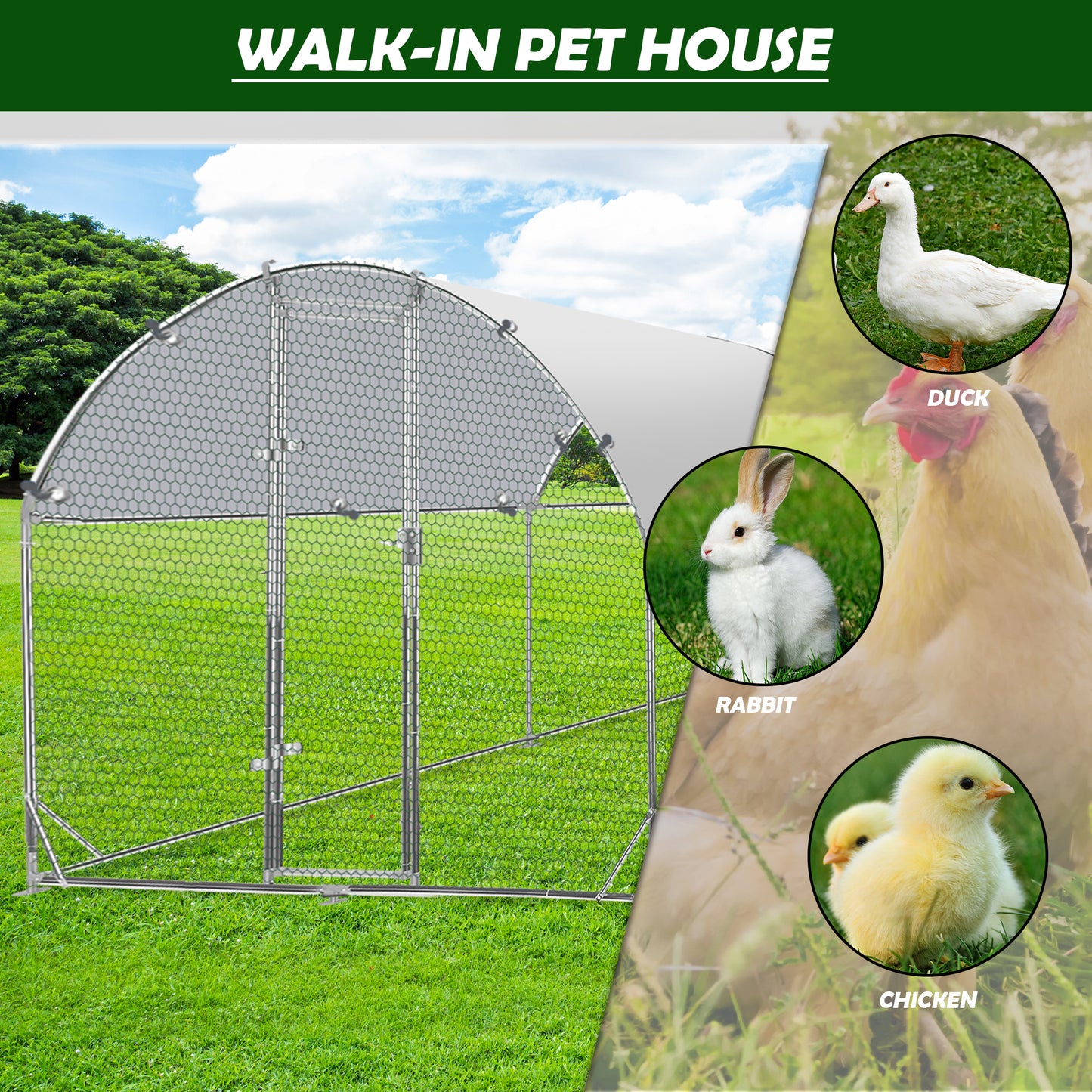 Tolead Large Metal Chicken Coop Upgrade with Tri-Supporting Wire Mesh, Galvanized Steel, Outdoor Chicken Coop with Water-Resident and Anti-UV Cover, Silver