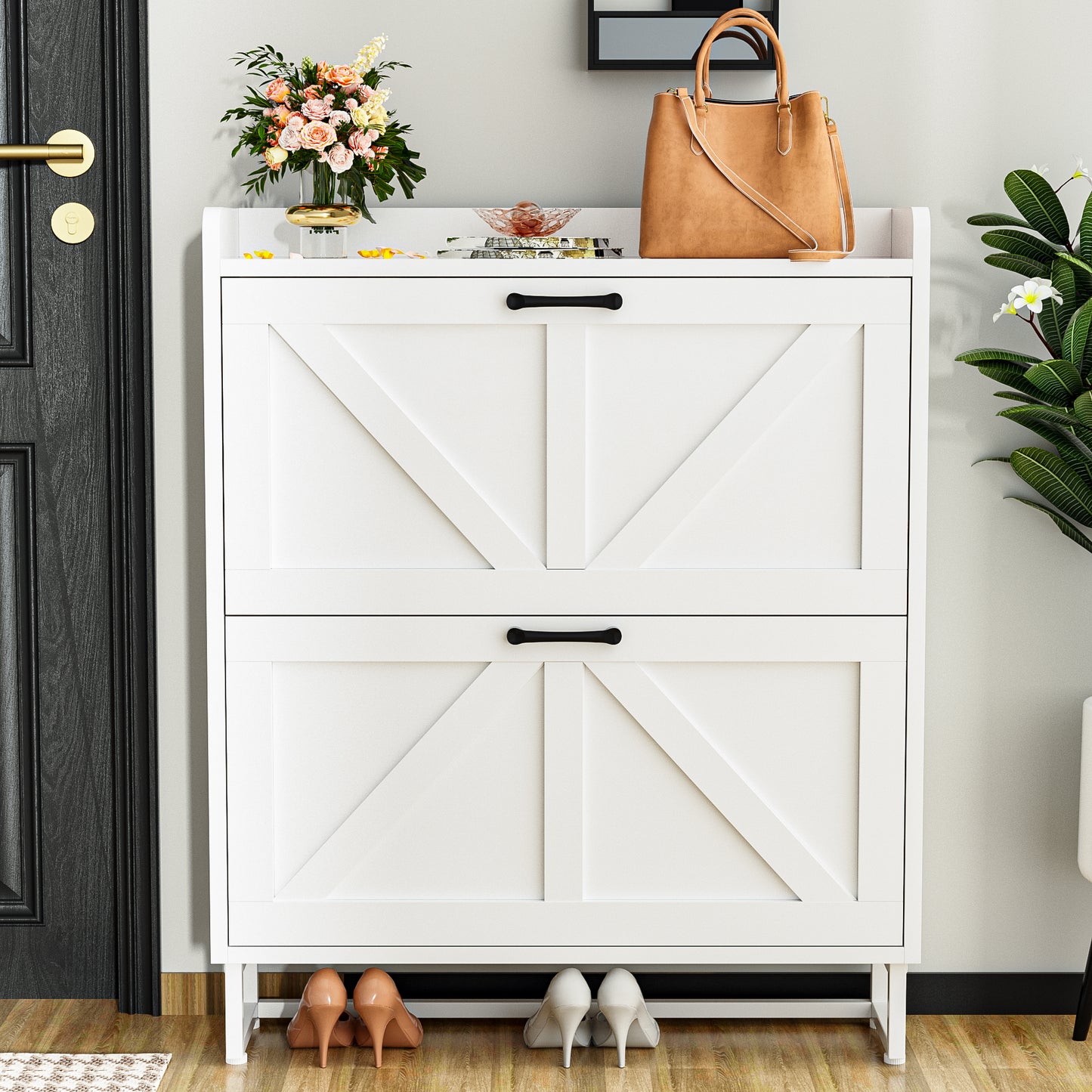 Tolead Shoe Storage Cabinet with 2 Flip Drawers, Metal Legs, Rustic Brown
