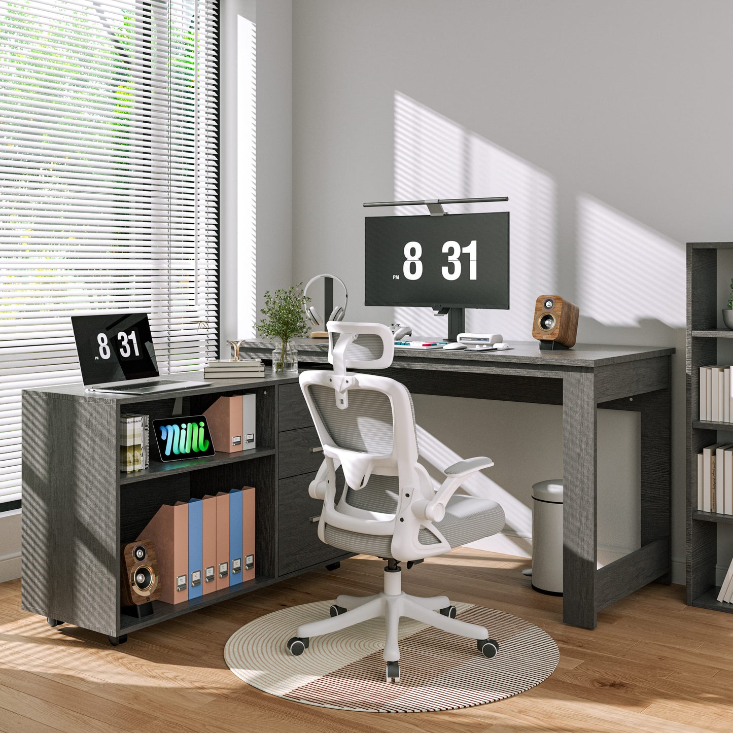 Tolead L-Shaped Desk with Drawers and 2 Shelf, 55 Inch