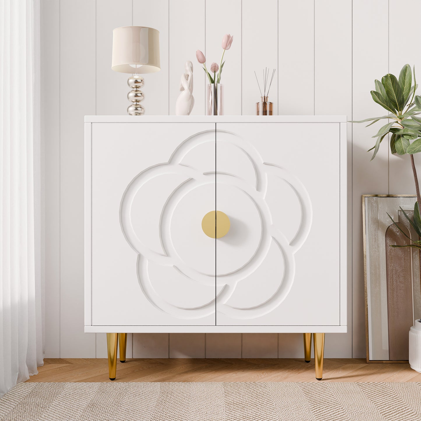 Tolead Storage Cabinet with Flower Pattern Panel, Modern Sideboard Buffet Cabinet, White