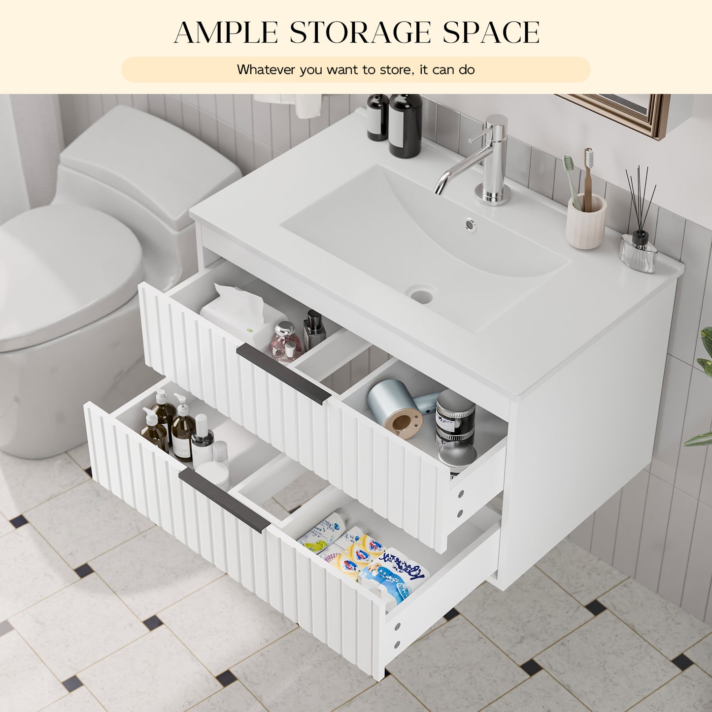 Tolead 30-Inch Floating Bathroom Vanity with Sink, White Ceramic Cabinet with 2 Drawers