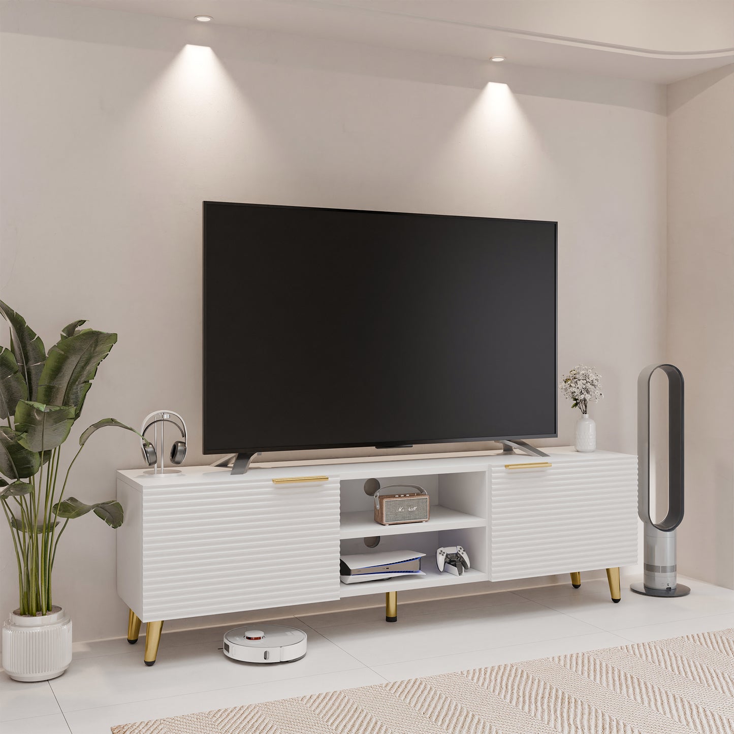 Tolead TV Console Table with Doors and Shelves, TV Stand, Waveform Panel with Gold Metal Legs, Living Room, White
