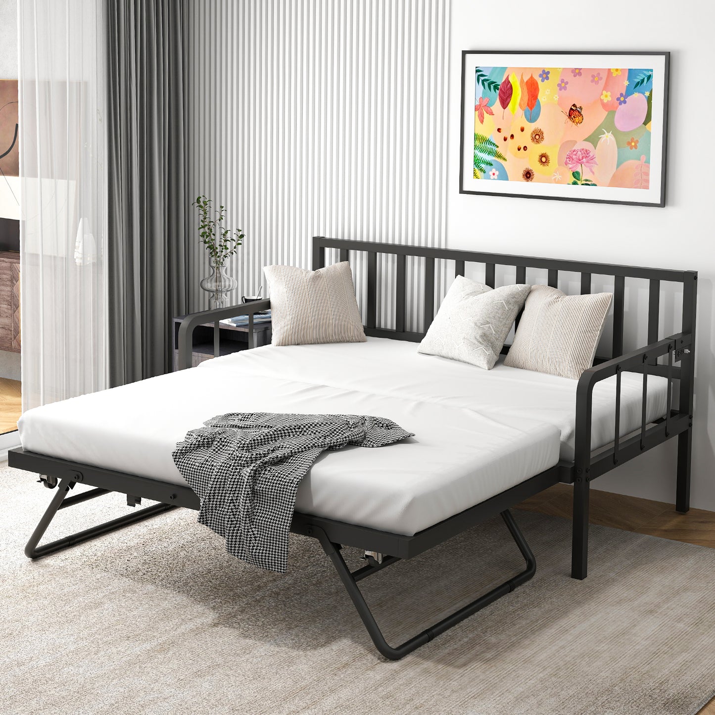 Tolead Twin Daybed with Trundle, Metal Sofa Bed Frame with LED and Charging Station, Black