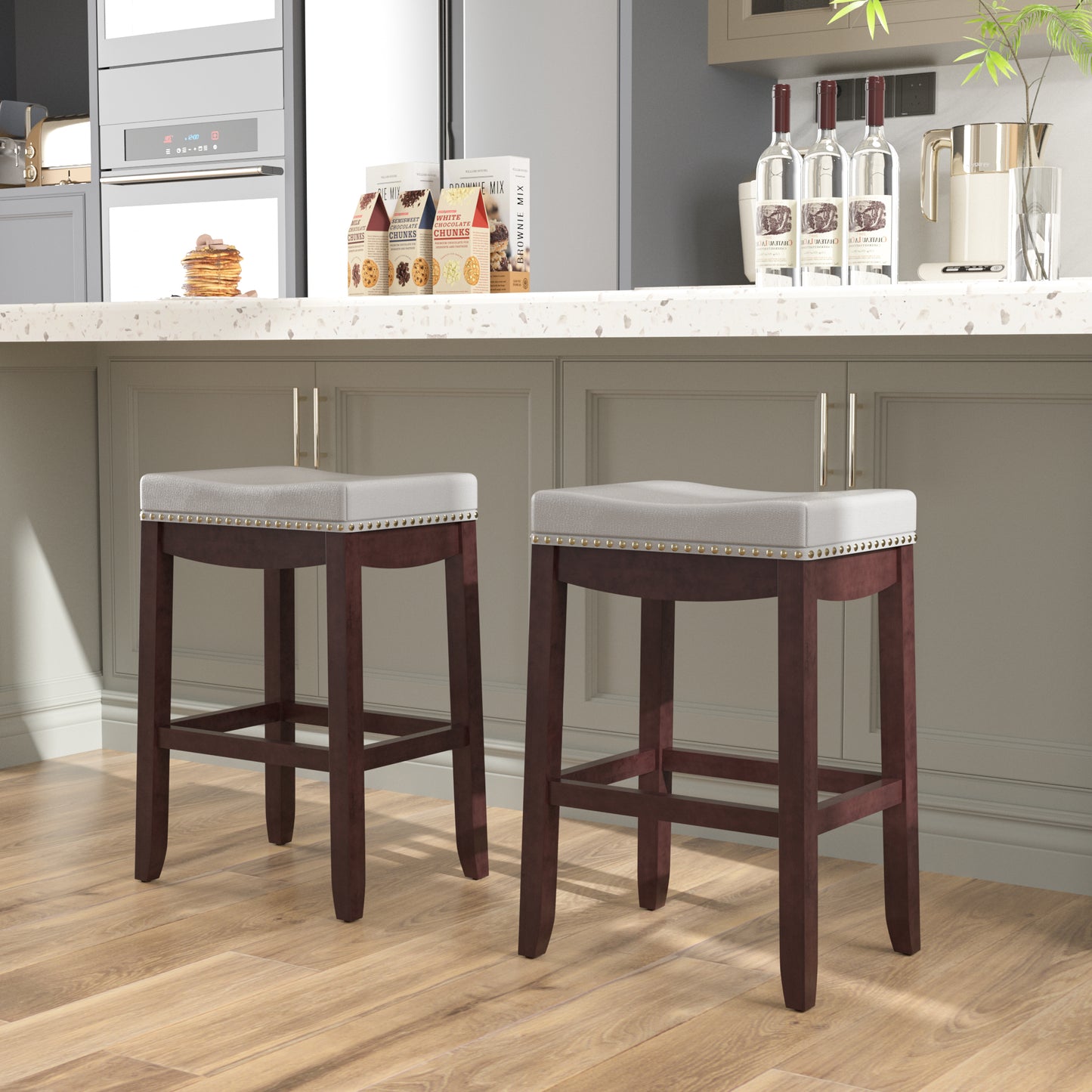 Tolead 24" Cambridge Wood 2-Piece Bar Stools with Gray Cushion, Espresso