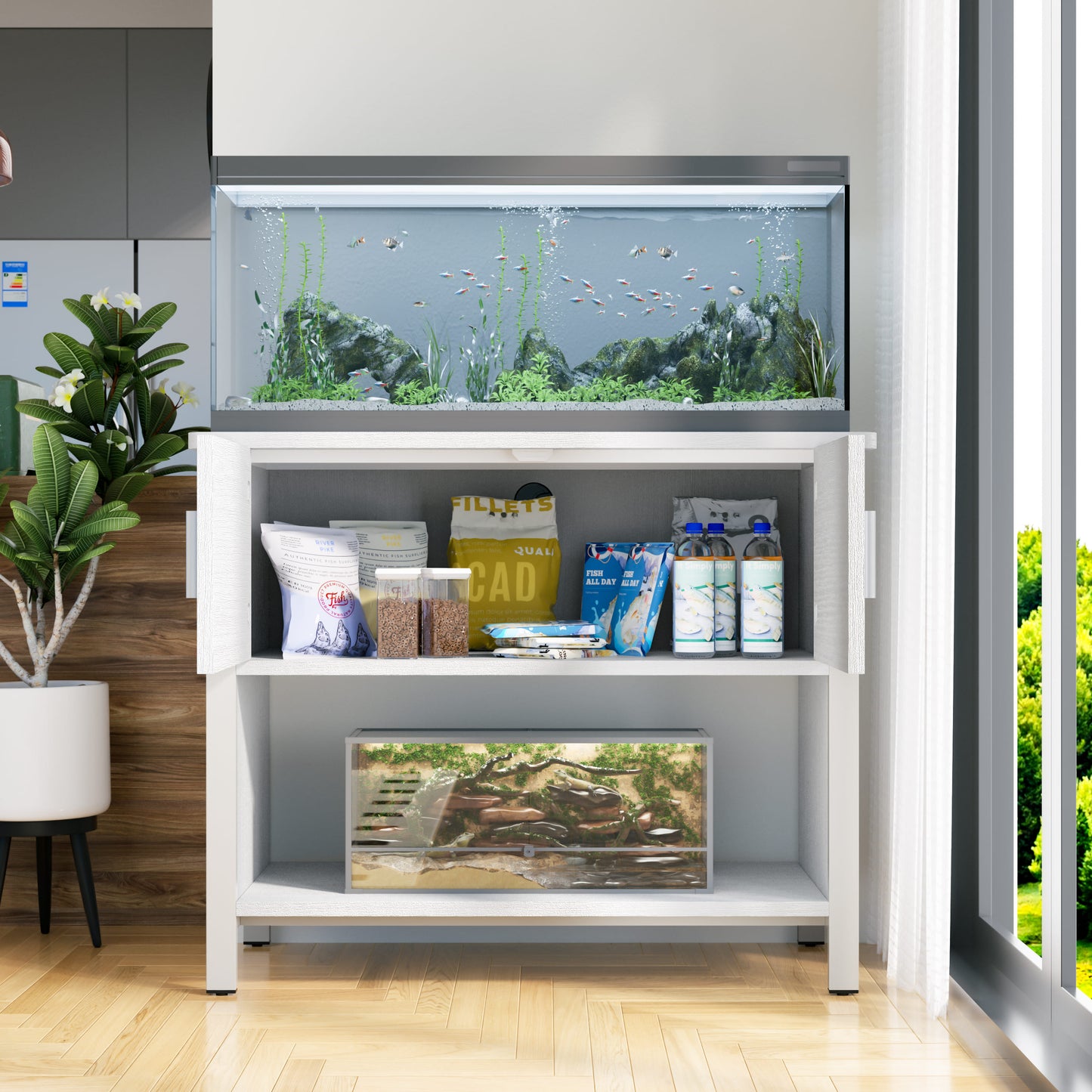 Tolead Metal Fish Aquarium Tank Stand with Cabinet, Accessories Storage, 18.9" D x 36.6" W Tabletop, Black