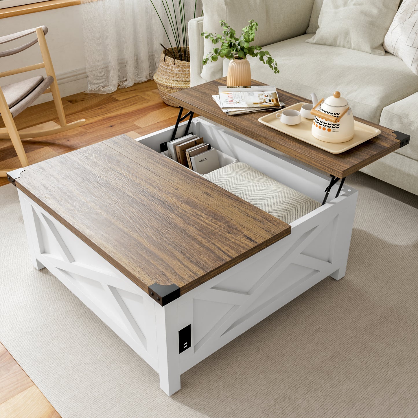Tolead Lift Top Coffee Table, Farmhouse Wood Coffee Table with Hidden Storage and Charging Station for Living Room
