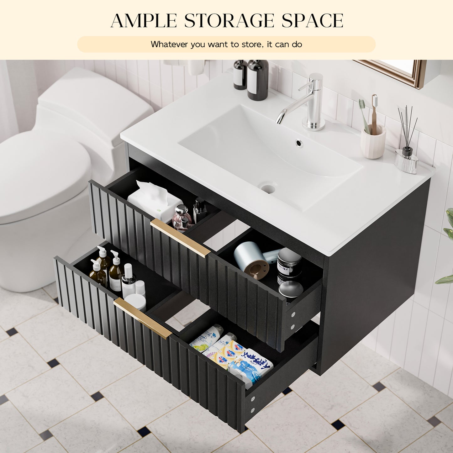 Tolead 30-Inch Floating Bathroom Vanity with Sink, White Ceramic Cabinet with 2 Drawers
