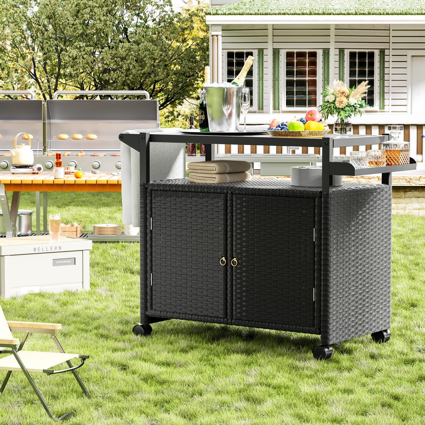 Tolead Outdoor Rolling Wicker Bar Cart, Patio Rattan Wicker Table with Wine Storage and Spice Rack for Pool, Party, Backyard