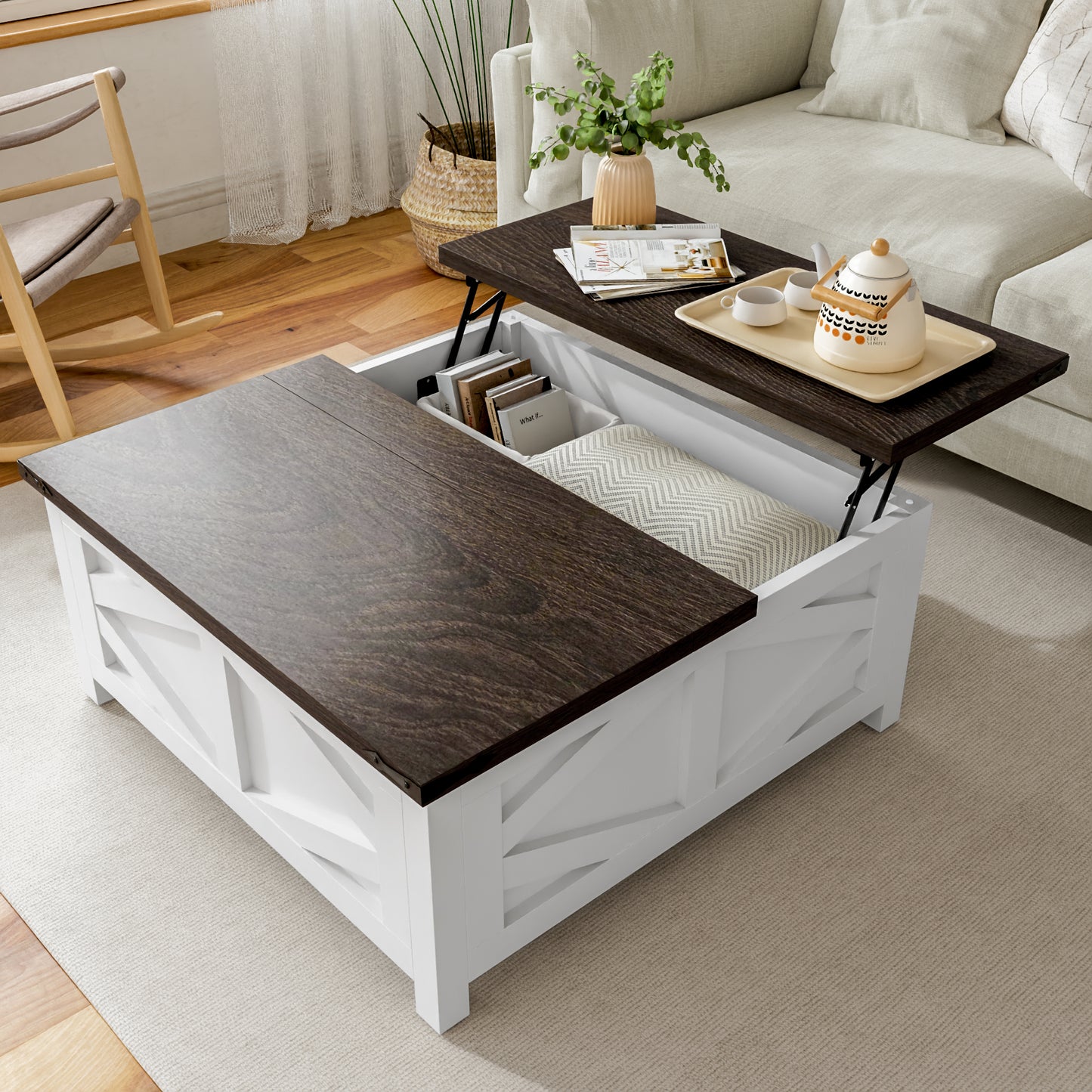 Tolead Lift Top Coffee Table, Farmhouse Wood Coffee Table with Hidden Storage and Charging Station for Living Room