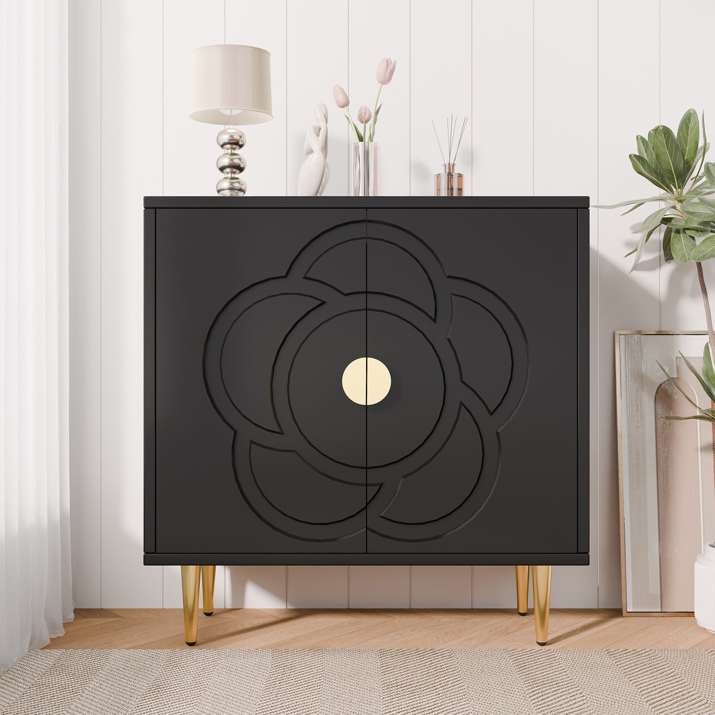Tolead Storage Cabinet with Flower Pattern Panel, Modern Sideboard Buffet Cabinet, White