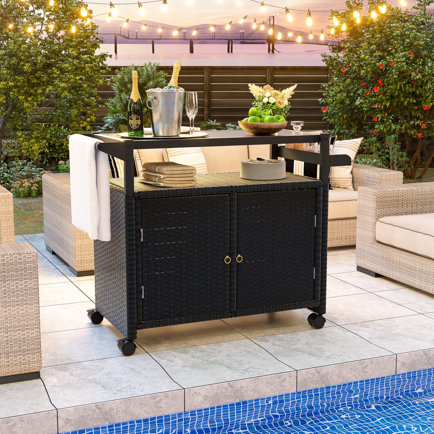 Tolead Outdoor Rolling Wicker Bar Cart, Patio Rattan Wicker Table with Wine Storage and Spice Rack for Pool, Party, Backyard