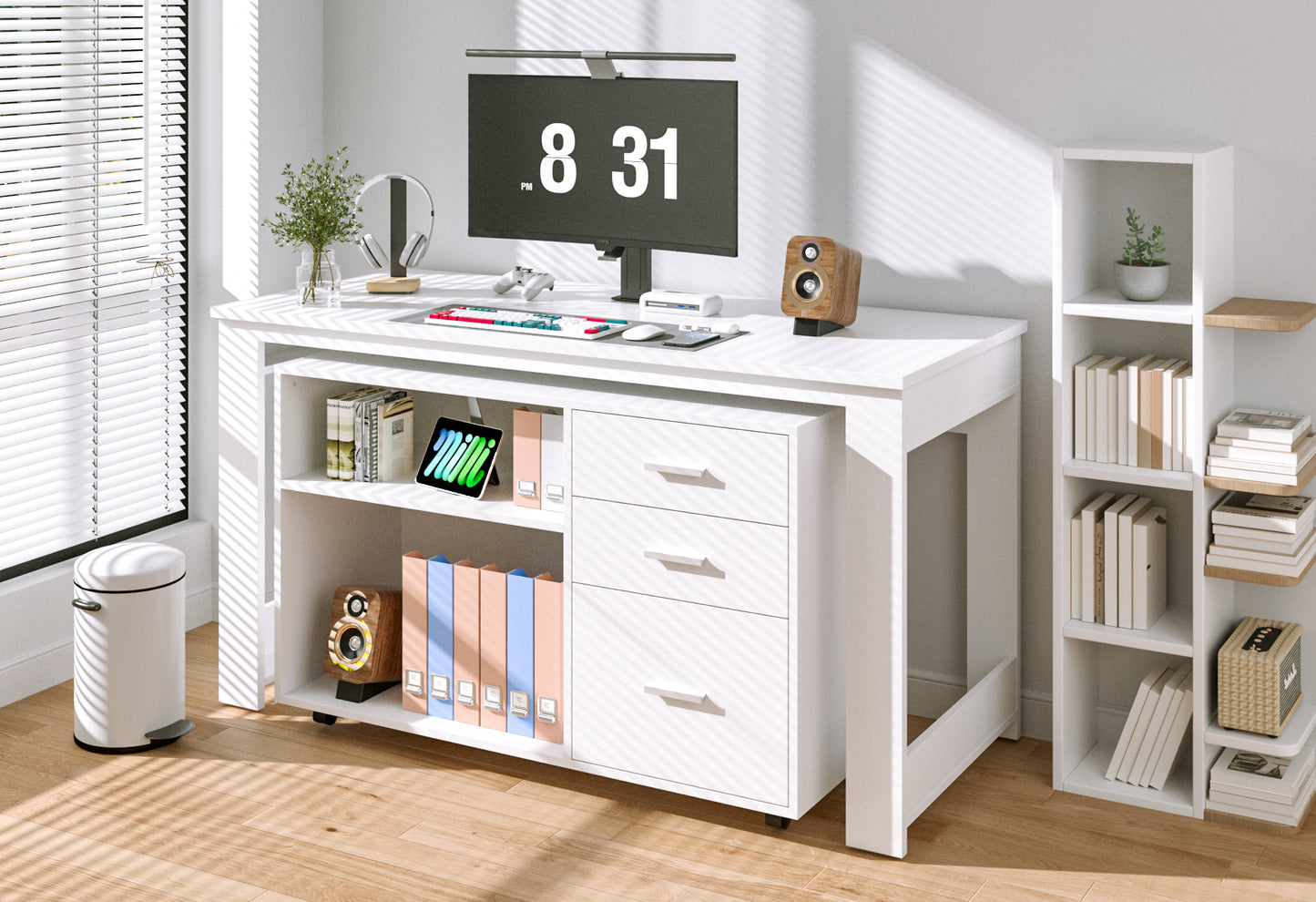 Tolead L-Shaped Desk with Drawers and 2 Shelf, 55 Inch