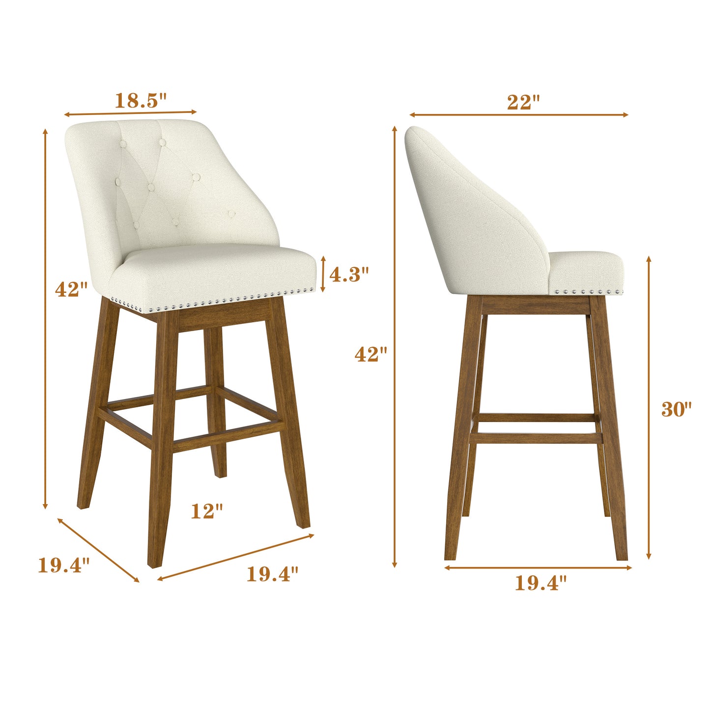Tolead Swivel Bar Stools - Set of 2, 30" Upholstered Counter Chairs, Gray
