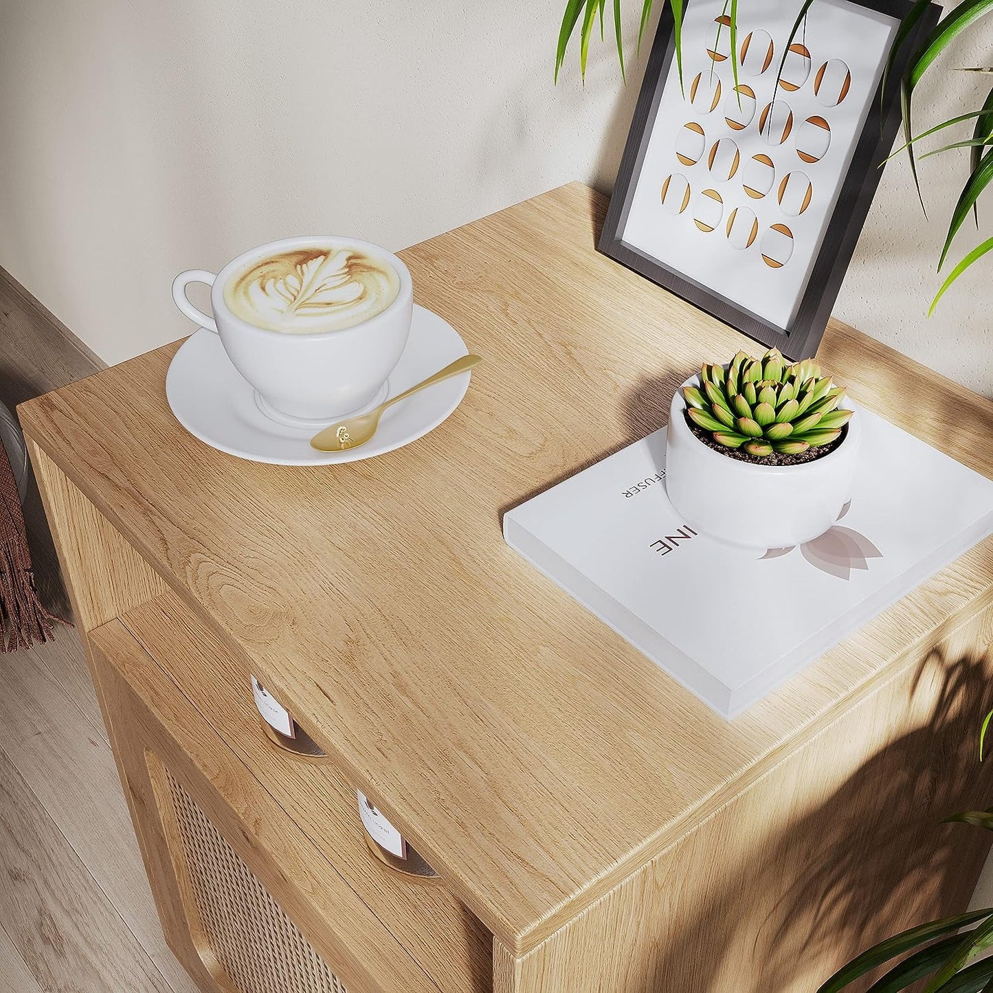Tolead Wooden Rattan Nightstand Set with Single Drawer, Sturdy, Desk, Oak, Natural
