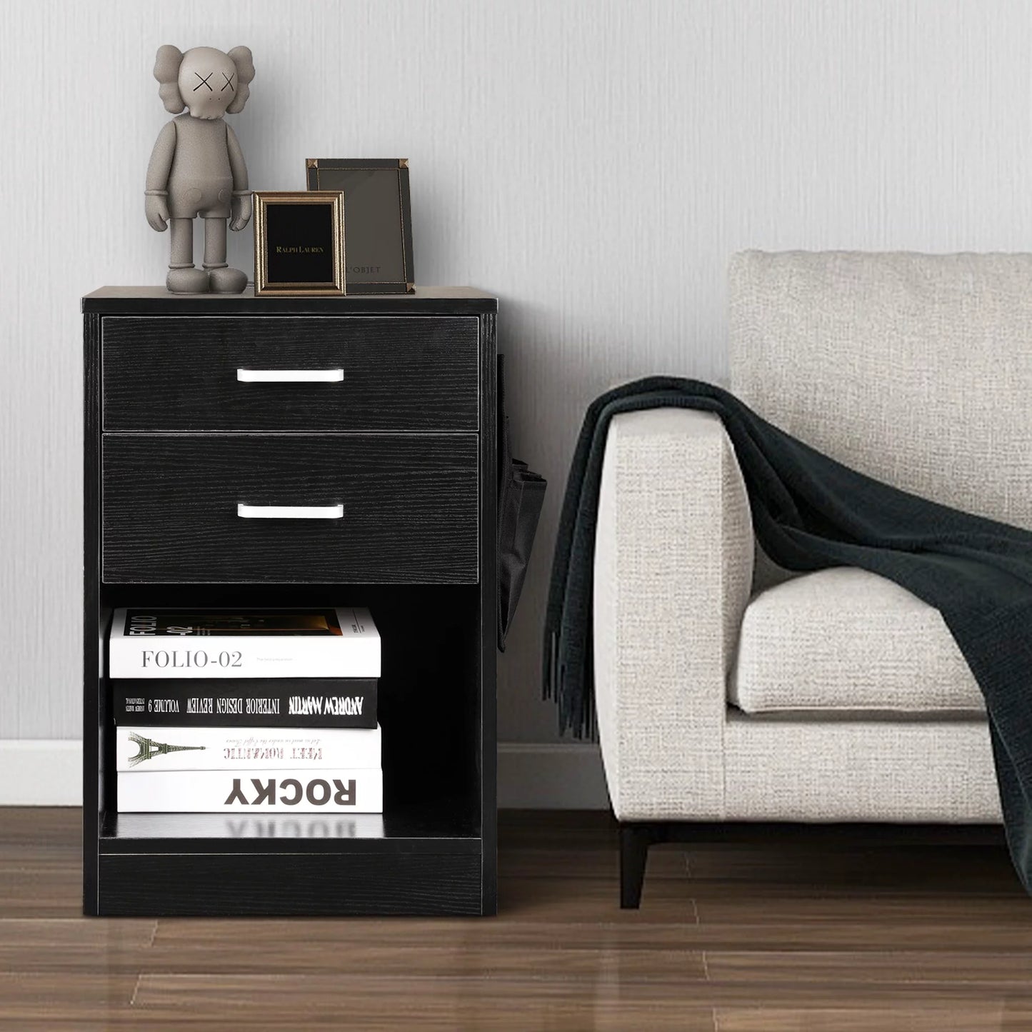 Tolead Black Wood Nightstand with Charging Station, 2 Storage Drawer & Open Shelf, Bedroom, Office, Adult