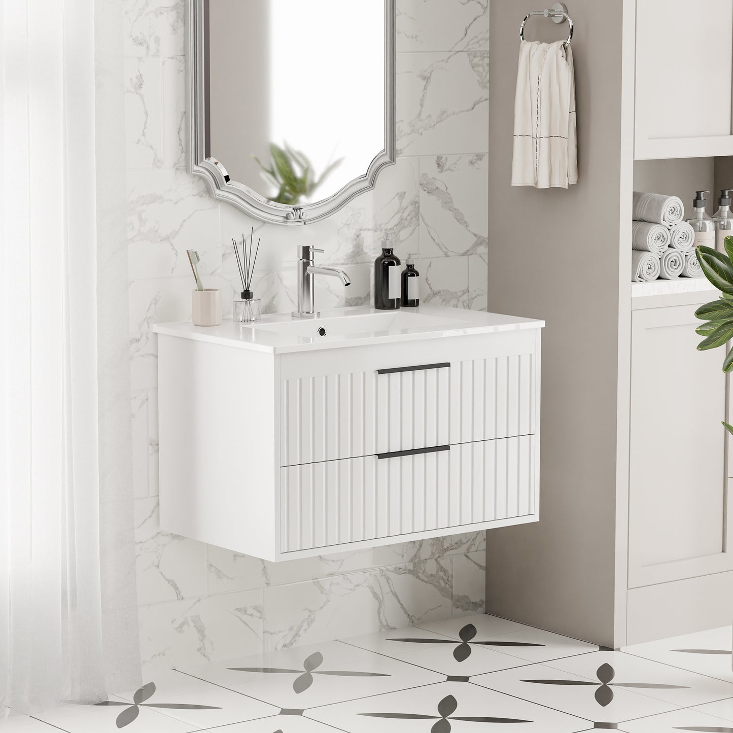 Tolead 30-Inch Floating Bathroom Vanity with Sink, White Ceramic Cabinet with 2 Drawers