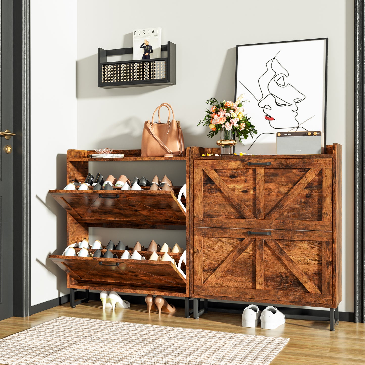 Tolead Shoe Storage Cabinet with 2 Flip Drawers, Metal Legs, Rustic Brown