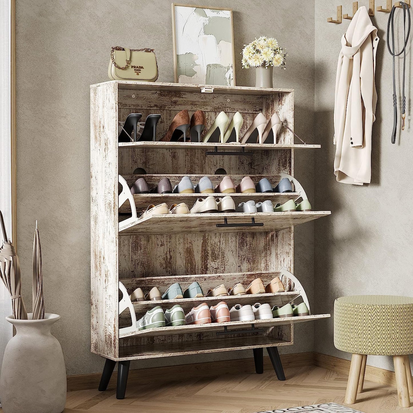 Tolead Wood Entryway Shoe Cabinet with Hidden Flip Drawers, Vintage White