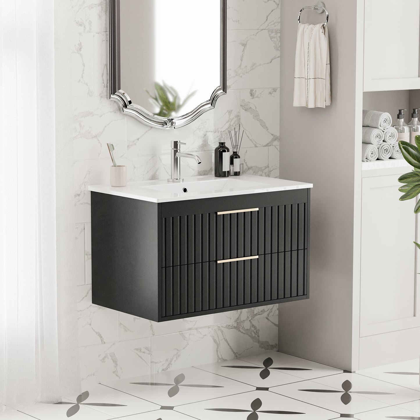 Tolead 30-Inch Floating Bathroom Vanity with Sink, White Ceramic Cabinet with 2 Drawers