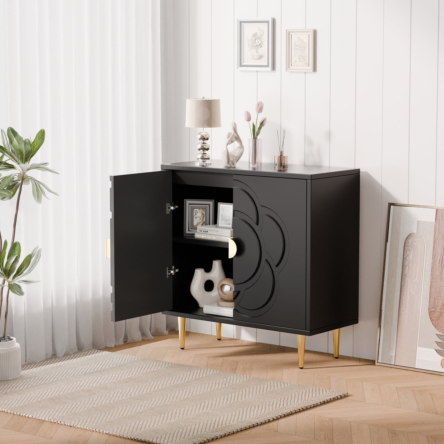 Tolead Storage Cabinet with Flower Pattern Panel, Modern Sideboard Buffet Cabinet, White