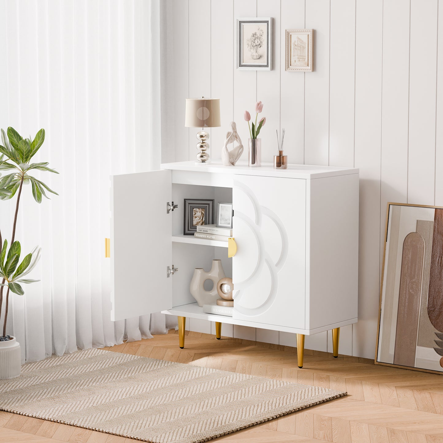 Tolead Storage Cabinet with Flower Pattern Panel, Modern Sideboard Buffet Cabinet, White