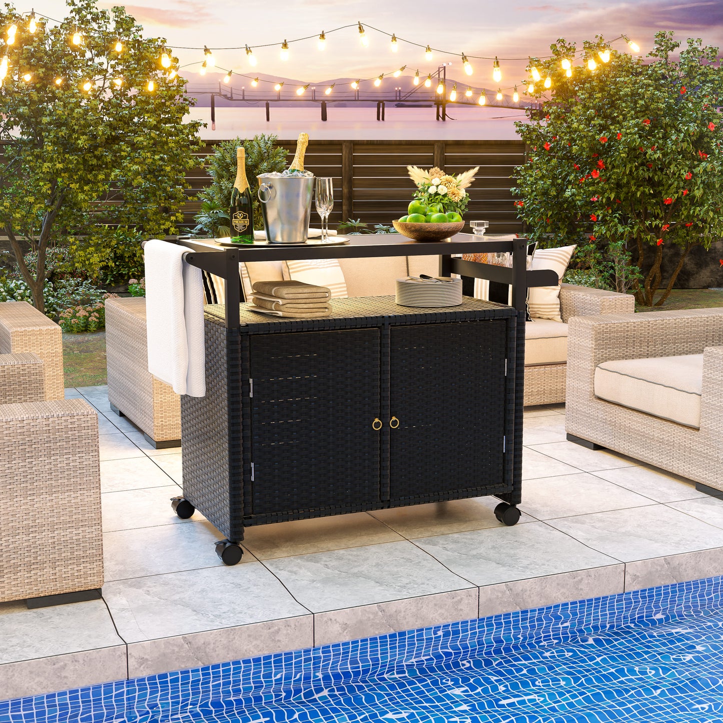Tolead Outdoor Rolling Wicker Bar Cart, Patio Rattan Wicker Table with Wine Storage and Spice Rack for Pool, Party, Backyard