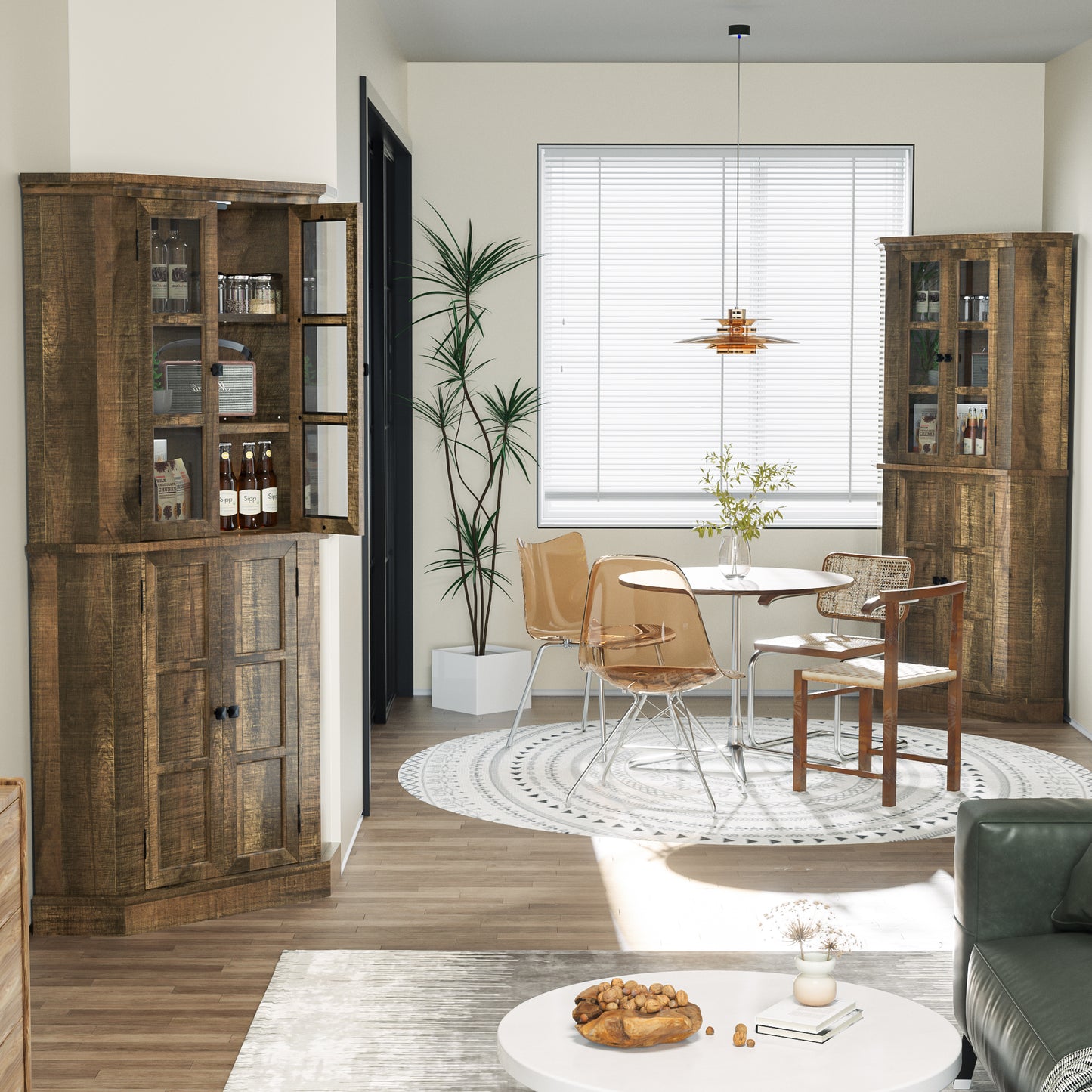 Tolead 67" Tall Farmhouse Corner Cabinet, 6 Tier Height-adjustable Corner Pantry Cabinet with Glass Door