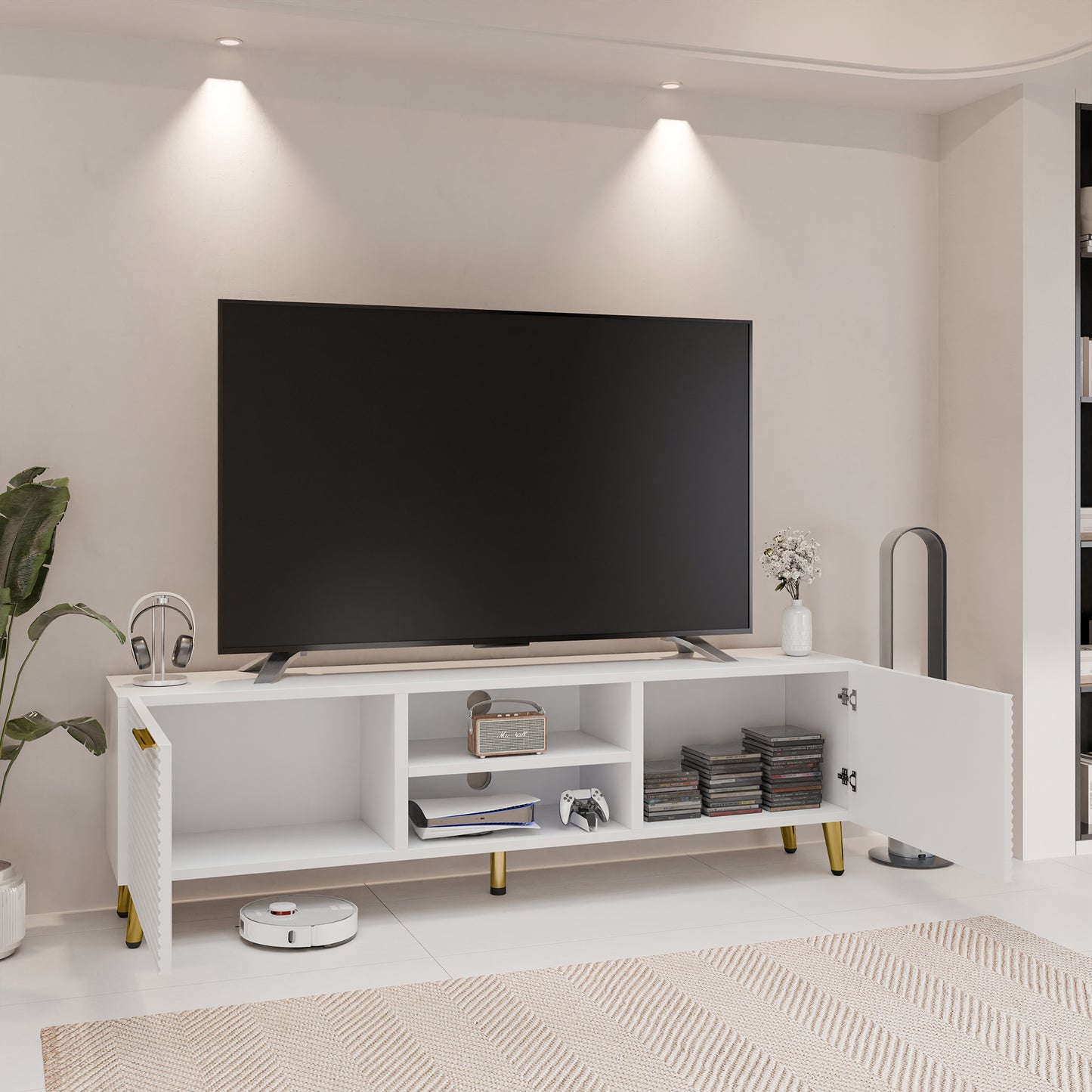 Tolead TV Console Table with Doors and Shelves, TV Stand, Waveform Panel with Gold Metal Legs, Living Room, White