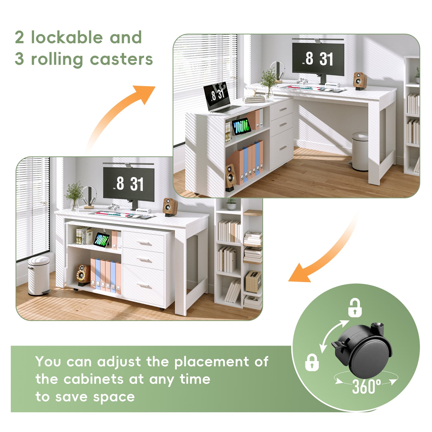 Tolead L-Shaped Desk with Drawers and 2 Shelf, 55 Inch
