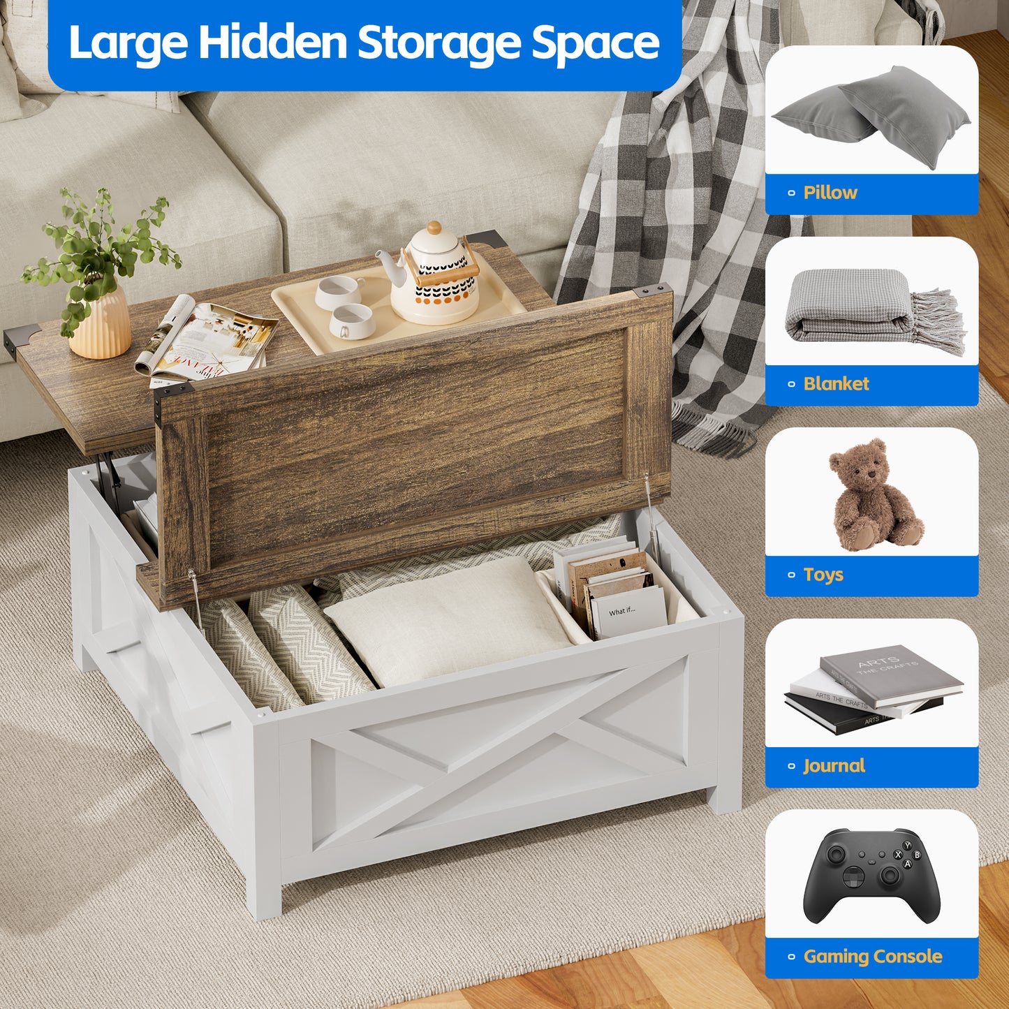 Tolead Lift Top Coffee Table, Farmhouse Wood Coffee Table with Hidden Storage and Charging Station for Living Room