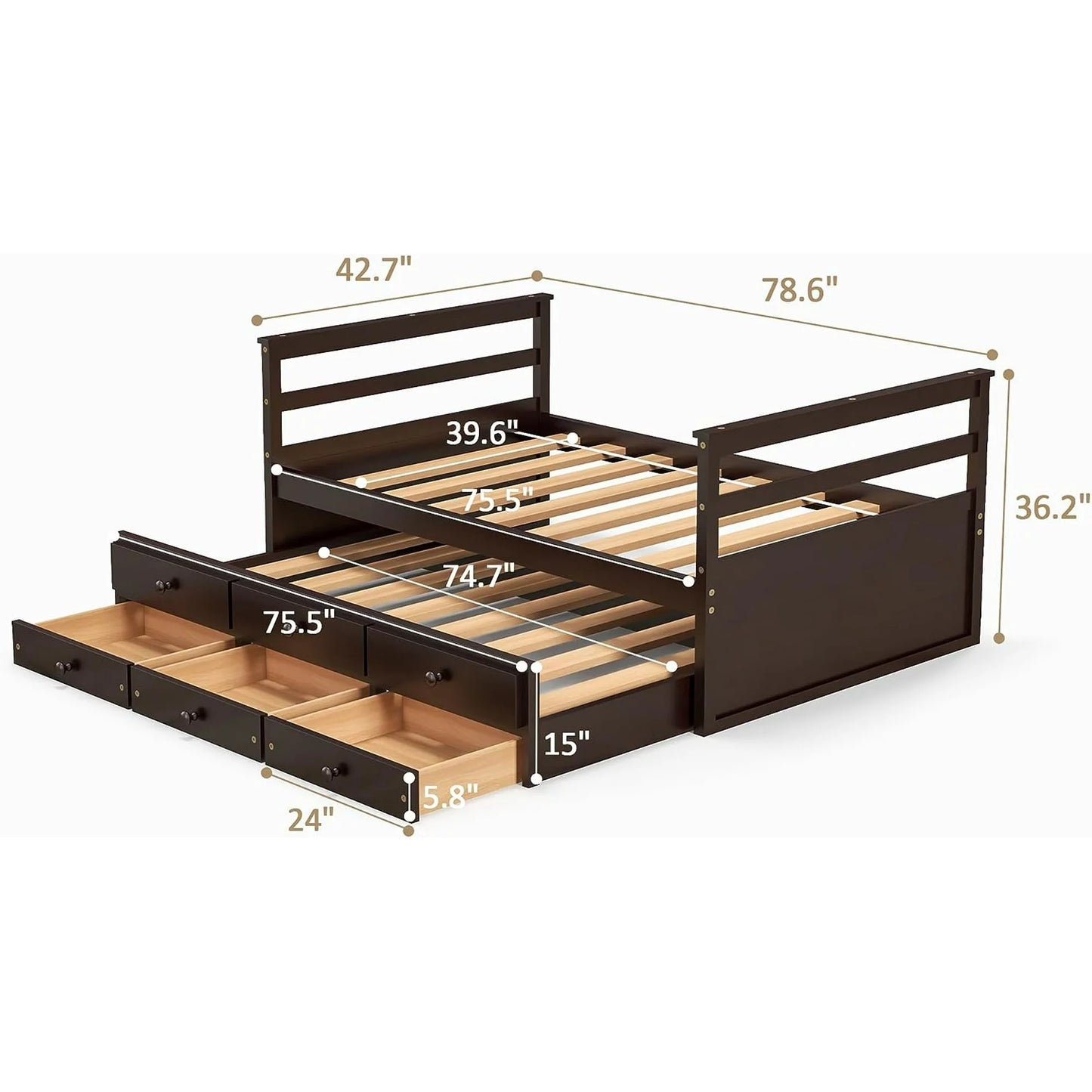 Tolead Wooden Twin Daybed with Trundle and Storage Drawers, Captains Bed Frame with Pull Out Bed, Brown