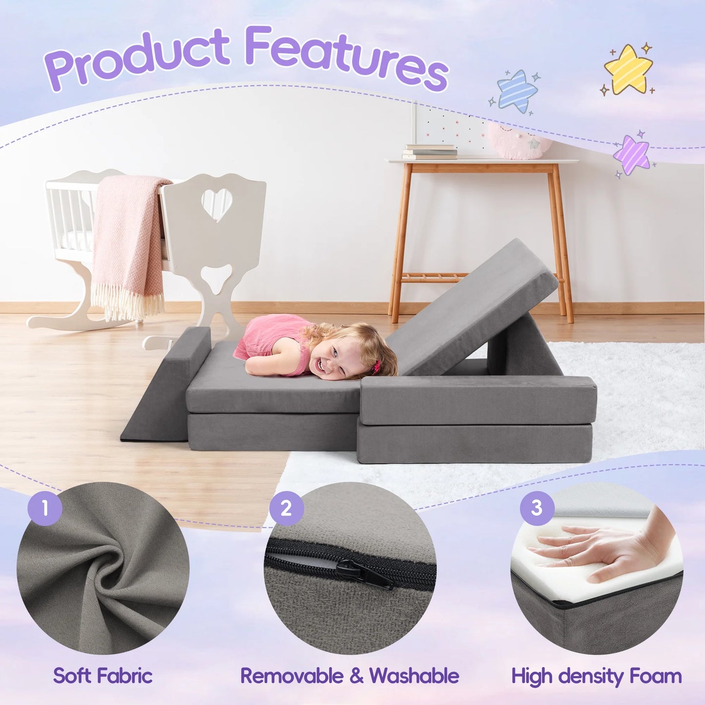 Tolead 6pcs Modular Kids Play Couch Child Sectional Sofa, Imaginative Furniture Play Set, Gray