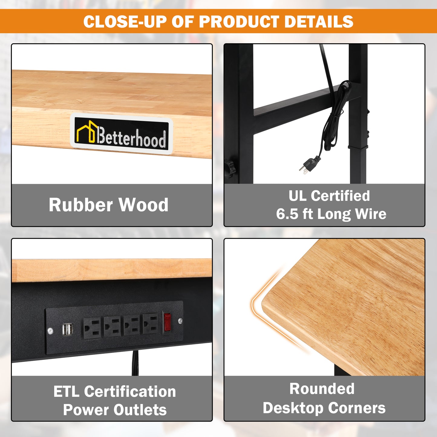 Tolead 48" Heavy-Duty Adjustable Workbench with Power Outlets, Rubber Wood Shop Table, Workstation