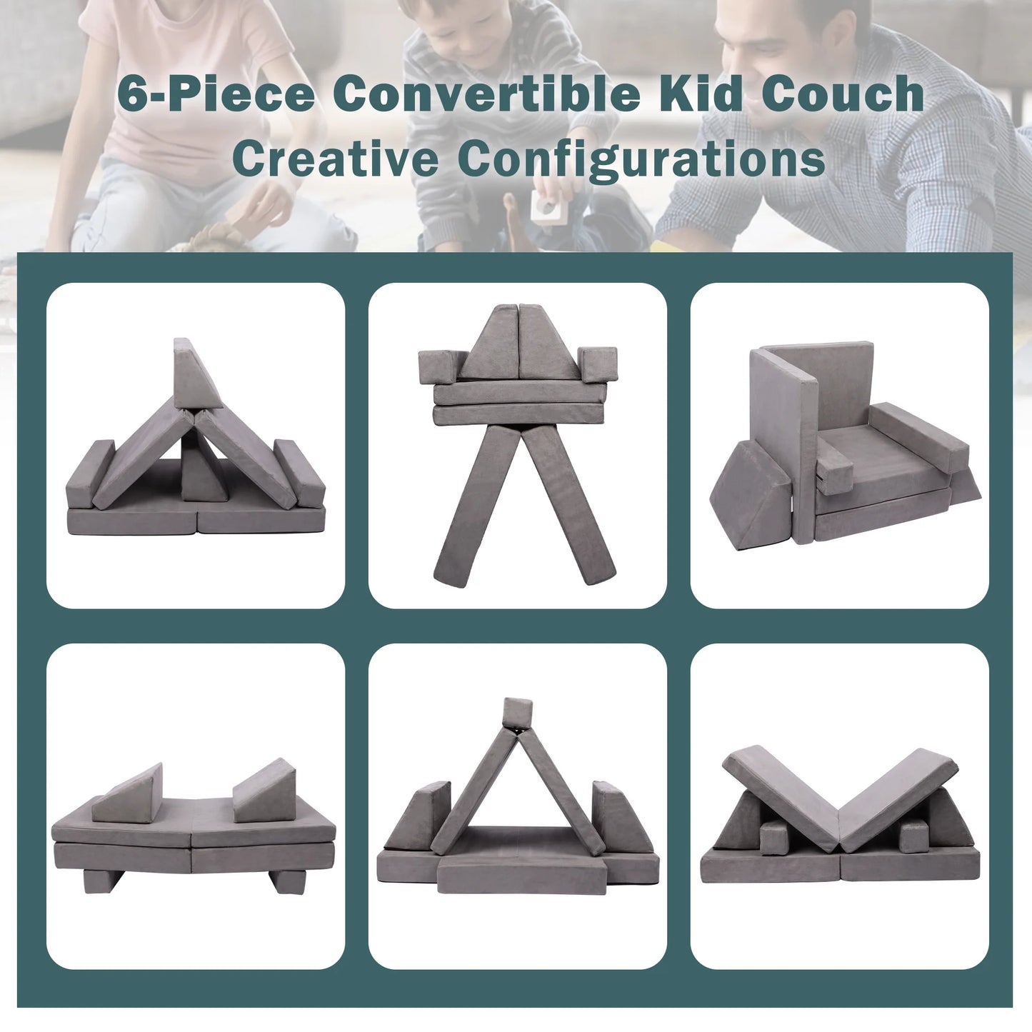 Tolead 6-Piece Modular Imaginative Furniture Play Set, Couch, Sectional Sofa, Gray