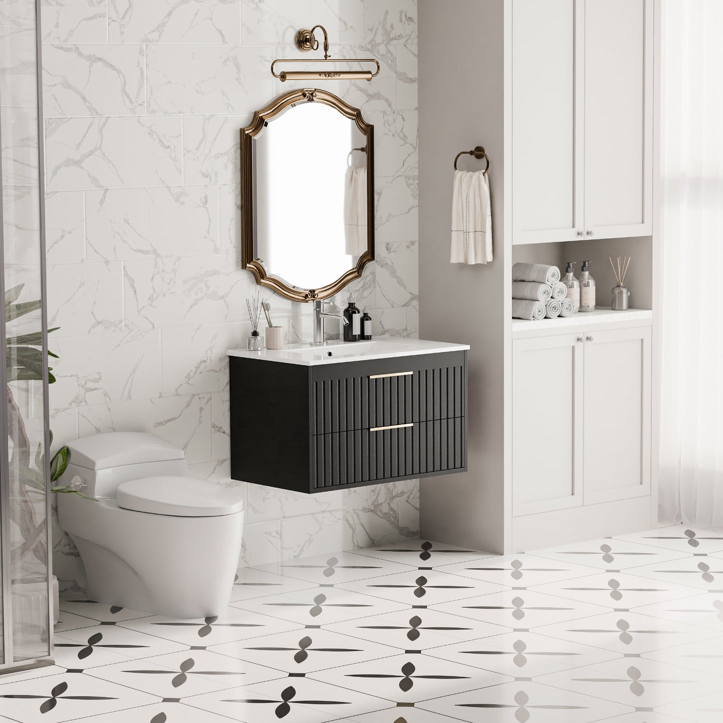 Tolead 30-Inch Floating Bathroom Vanity with Sink, White Ceramic Cabinet with 2 Drawers