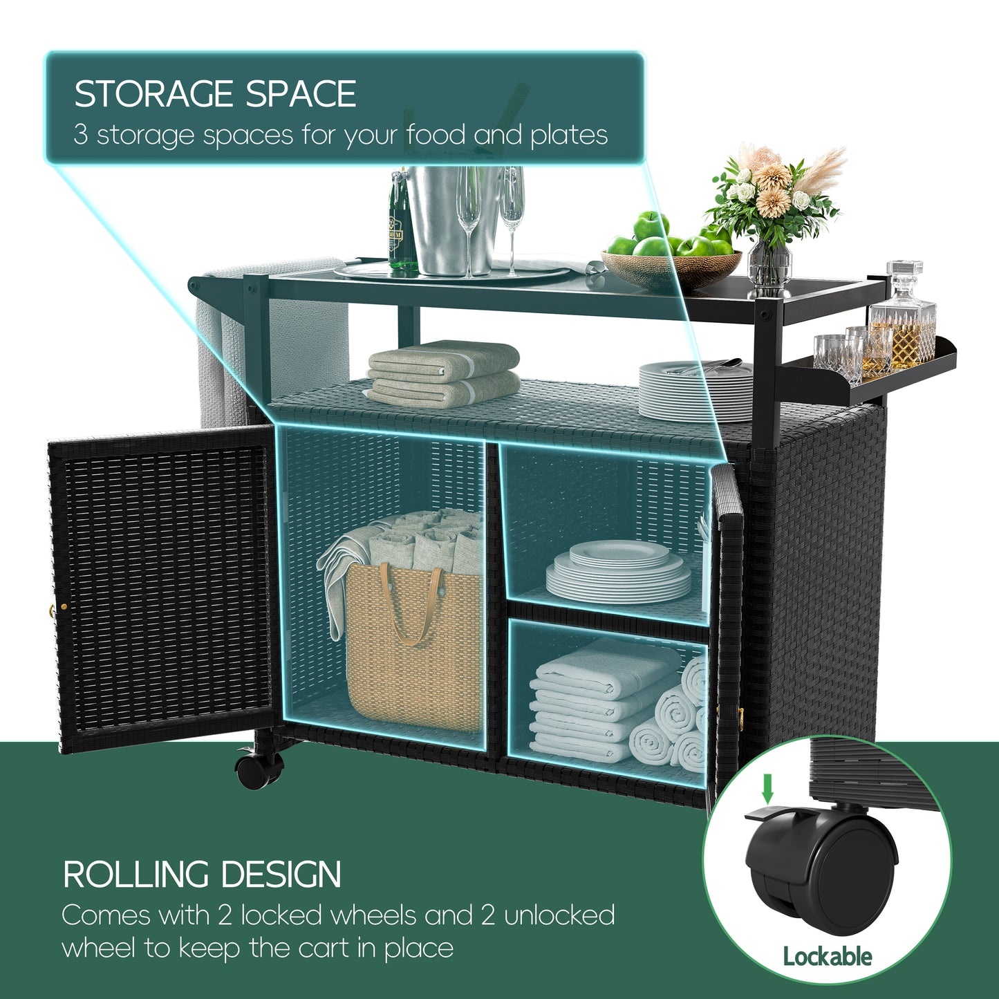 Tolead Outdoor Rolling Wicker Bar Cart, Patio Rattan Wicker Table with Wine Storage and Spice Rack for Pool, Party, Backyard
